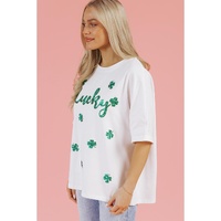 White St Patrick Lucky Clover Sequin Graphic T Shirt - M thumbnail