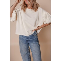 White Pearled Puff Sleeve Round Neck Loose Top - L thumbnail