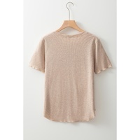 Oatmeal Short Sleeve Half Button Ribbed Knit Top - L thumbnail