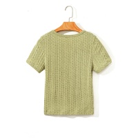 Spinach Green Textured Knit Slim Fit Notch V Neck T Shirt - L thumbnail