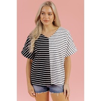 Black Stripe Two Tone Colorblock V Neck T Shirt - L thumbnail