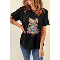 Black Heat Transfer Printing Christmas Tree Bowknot T-Shirt - XL thumbnail