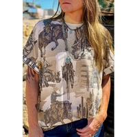 Khaki Western Cowboy Print Cuffed Sleeve Crewneck T Shirt - L thumbnail