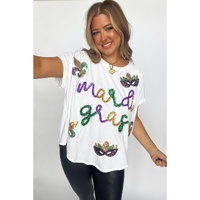 White Mardi Gras Tinsel Sequin Graphic T Shirt - L thumbnail