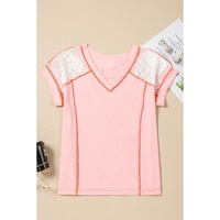 Light Pink Lace Patchwork Exposed Seam V Neck T Shirt - L thumbnail