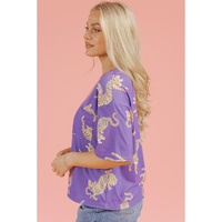 Purple Allover Tiger Printed Patch Pocket Loose T Shirt - XL thumbnail