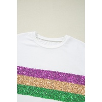 White Sequin Stripes Patchwork Mardi Gras Crew Neck T Shirt - M thumbnail