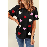 Black Valentines Chenille Heart Patched Pattern Crewneck Tee - M thumbnail