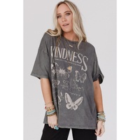 Dark Grey Kindness Butterflies Graphic Mineral Wash Loose Tee - L thumbnail