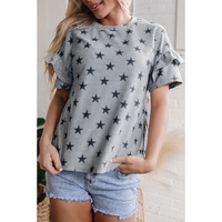 Gray Star Print Tiered Ruffled Sleeve Crew Neck T Shirt - S thumbnail