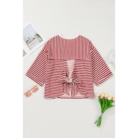 Red Stripe Bowknot Cutout Back Drop Shoulder Wide Bracelet Sleeve Loose Tee - XL thumbnail