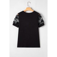 Black Flora Lace Patchwork Crew Neck T Shirt - S thumbnail