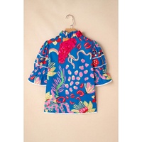 Blue Abstract Print Frilled Collar Ruffled Puff Short Sleeve Top - L thumbnail