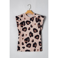 Khaki Leopard Crew Neck Cap Sleeve Casual Tee - L thumbnail