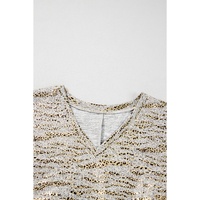 Gray Leopard Print Half Sleeve V Neck Loose Fit T Shirt - L thumbnail