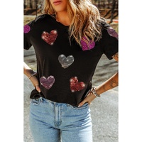 Black Sequin Heart Patched Pattern Crewneck Valentines Tee - S thumbnail
