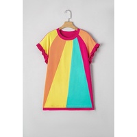 Rose Red Color Block Ruffled Crew Neck Loose Fit T Shirt - M thumbnail
