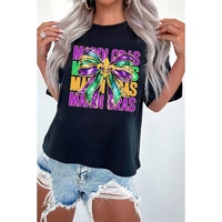 Black MARDI GRAS Fleur de Lis Bowknot Printed Crewneck Tee - 2XL thumbnail