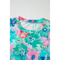 Green Floral Print Eyelet Embroidered Short Sleeve Crew Neck Top - M thumbnail