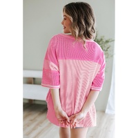 Pink Stripe Color Block Patchwork Loose Half Sleeve T Shirt - L thumbnail