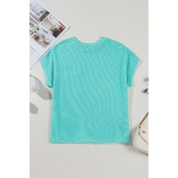 Light Blue Corded Knit Color Block Pocketed Crew Neck T Shirt - L thumbnail