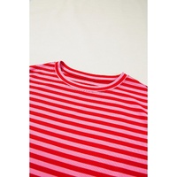 Red Stripe Ribbed Cap Sleeve Round Neck T Shirt - L thumbnail