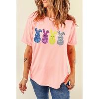 Pink Sequin Cute Bunny Graphic Easter Fashion Tee - L thumbnail