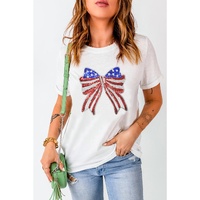 White USA Flag Bow Knot Patched Crew Neck T Shirt - M thumbnail