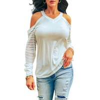 Azura Exchange Cut-out Cold Shoulder Mesh Striped Long Sleeve T-shirt - M thumbnail