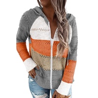 Gray Zipped Front Colorblock Hollow-out Knit Hoodie - M thumbnail