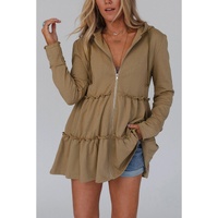 Khaki Tiered Ruffled Zip-Up Drawstring Hooded Jacket - M thumbnail