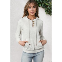 Beige Drawstring Kangaroo Pocket Henley Hoodie - S thumbnail