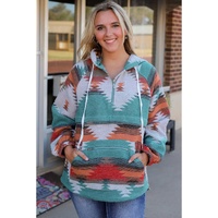 Multicolor Aztec Print Zipped Split Neck Hoodie - S thumbnail