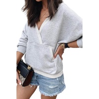 Gray Contrast Trim V Neck Wrap Sweatshirt with Pocket - L thumbnail