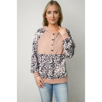Leopard Print Buttoned Neckline Raglan Sleeve Hoodie - XL thumbnail