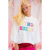 White BIRTHDAY QUEEN Graphic Balloon Sleeve Sweatshirt - S thumbnail