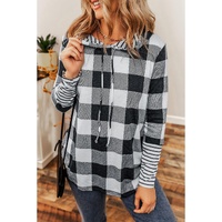 Multicolour Plaid Striped Patchwork Drawstring Hoodie - M thumbnail