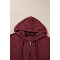 Red Dahlia Ribbed Zip Up Front Drawstring Hoodie - L thumbnail