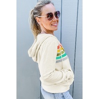 Apricot Colorblock Striped Patchwork Side Pockets Zipper Hoodie - M thumbnail