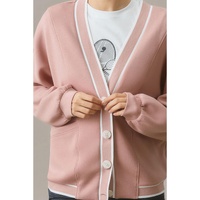 Pink Stripe Contrast Trim V Neck Buttoned Front Pocketed Knit Cardigan - L thumbnail