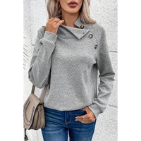 Gray Asymmetric Buttons Detail High Neck Textured Sweatshirt - S thumbnail
