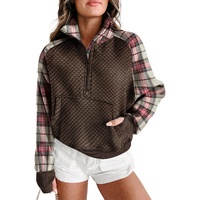 Khaki Printed Plaid Sleeve Patchwork Collared Textured Sweatshirt - L thumbnail