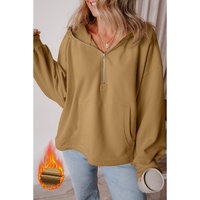 Brown Fleece Lined Half Zipper Kangaroo Pockets Loose Hoodie - L thumbnail