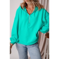 Aruba Blue Fleece Lined Half Zipper Kangaroo Pockets Loose Hoodie - 2XL thumbnail