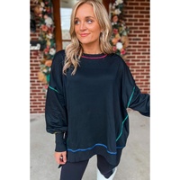 Black Contrast Stitching Split Baggy Sweatshirt - M thumbnail