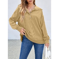 Simply Taupe Solid Ribbed Knit Buttoned Drop Shoulder Oversized Hoodie - 2XL thumbnail
