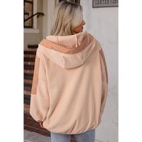 Light French Beige Colorblock Patchwork Half Zip Oversized Sherpa Hoodie - L thumbnail
