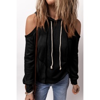 Black Exposed Seam Cold Shoulder Drawstring Hoodie - M thumbnail