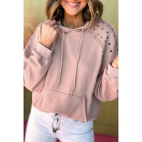 Fushia Solid Color Rivet Stud Raglan Sleeve Hoodie with Pocket - L thumbnail