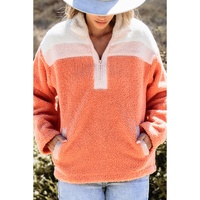 Orange Colorblock Half Zipper Stand Neck Sherpa Sweatshirt - S thumbnail